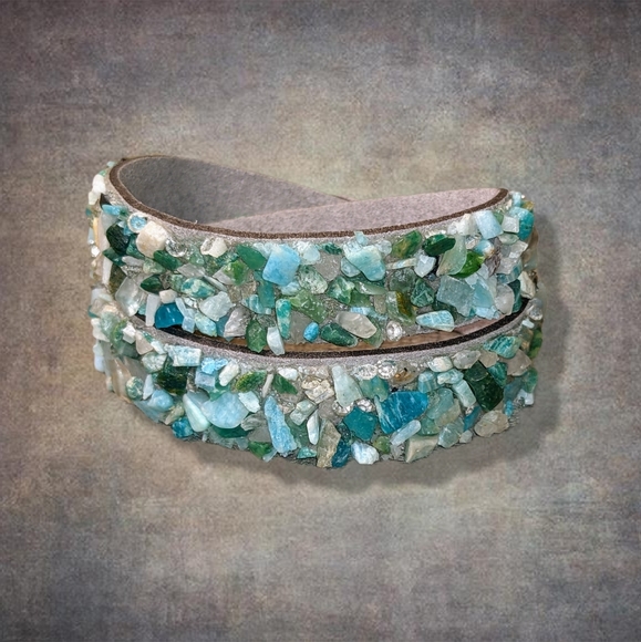 C1 Unique Natural Gemstone Double Wrap Bracelet Aqua Seafoam Green Mint Blue - Picture 9 of 17
